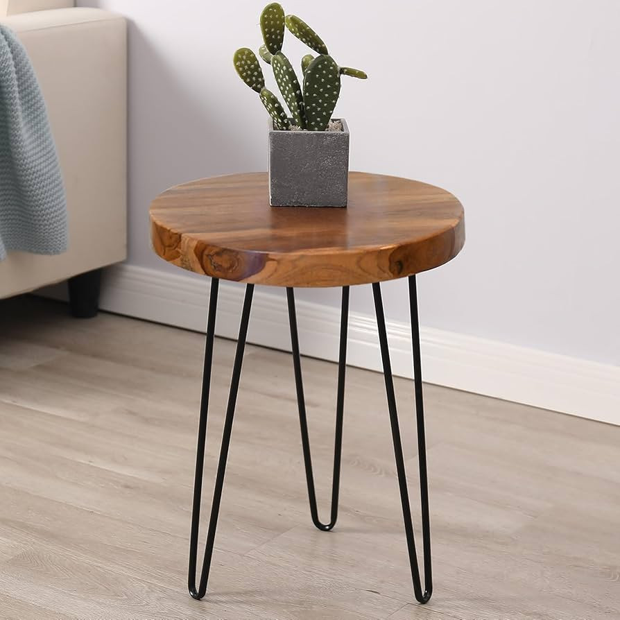Solid Wood Side Table with 3 Metal Hairpin Legs for Bedroom, Round End Table Next to Living Room ... | Amazon (US)