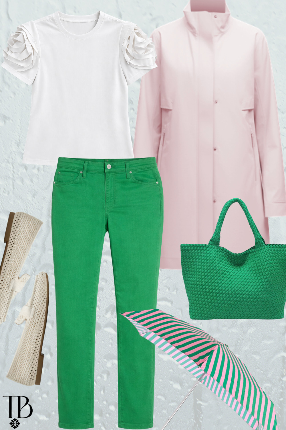 Rainy day outfit idea ☔ Green jeans paired with a white statement sleeve top, woven flats, and a lightweight rain jacket. Perfect casual spring rain outfit.

 

 #LTKootd #LTKSeasonal #LTKWorkwear