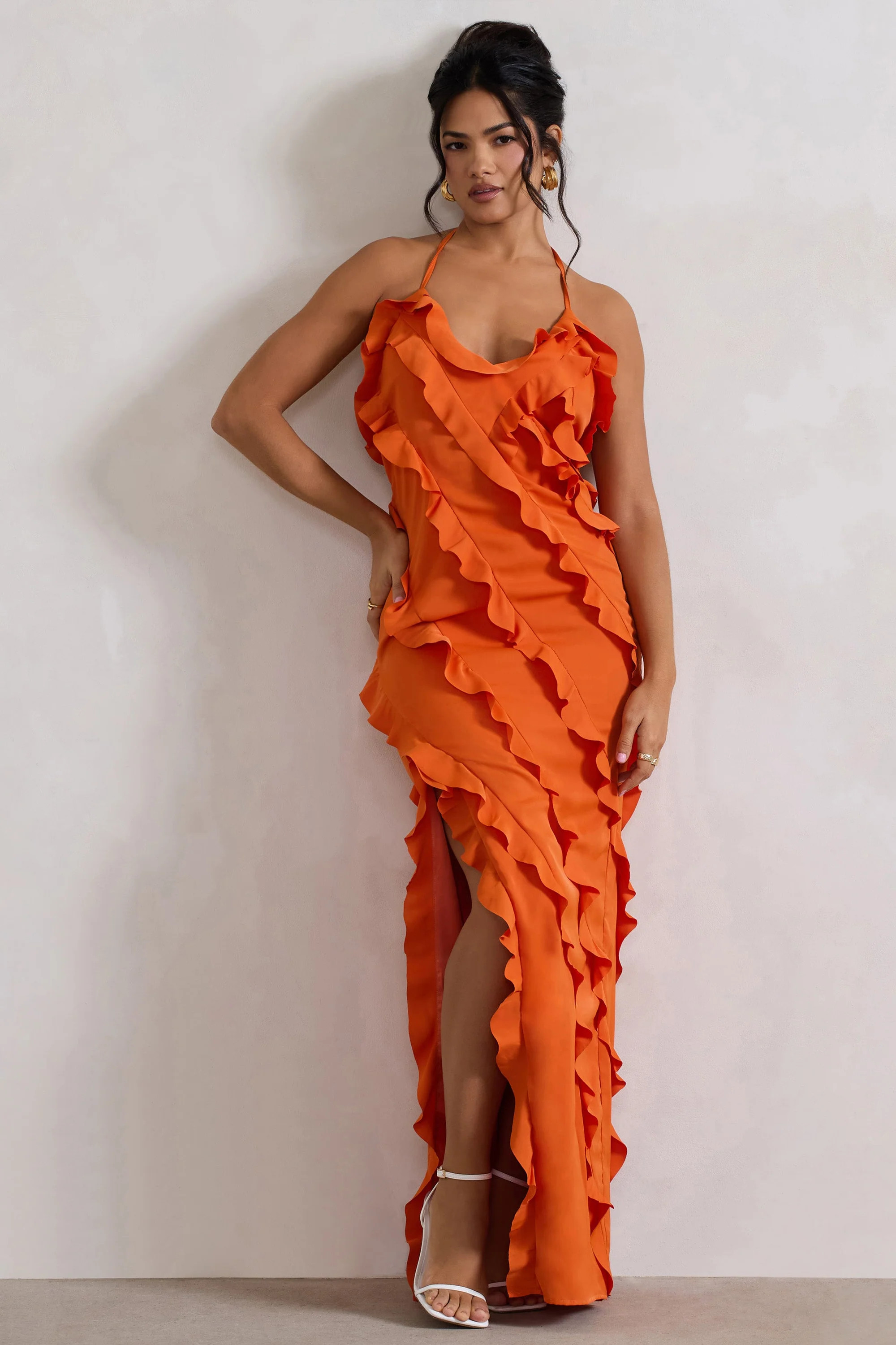 Full On  Orange V-Neck Ruffle Maxi Dress | Club L London