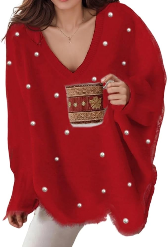 Womens Fuzzy Oversized V Neck Pearl Embellished Pullover Sweater Casual Loose 2024 Trendy Dressy ... | Amazon (US)
