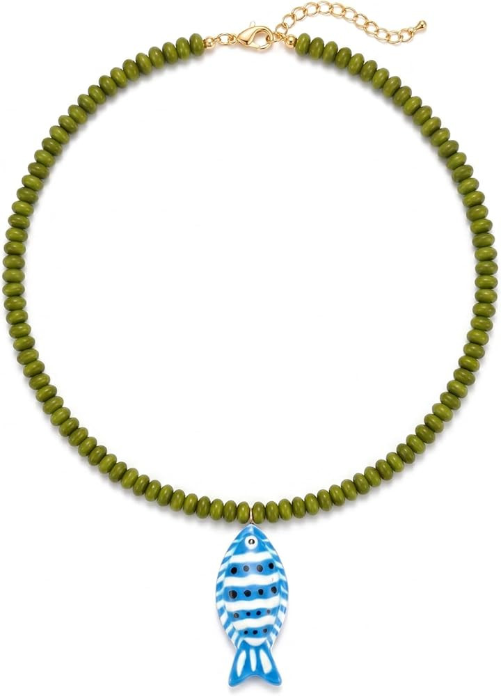 Chunky Beaded Fish Pendant Necklace for Women Boho Fish Long Necklace Colorful Resin Beaded Neckl... | Amazon (US)