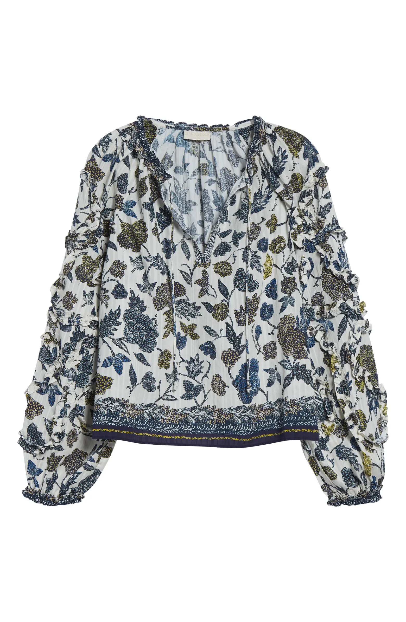 Azrou Floral Ruffle Split Neck Peasant Top | Nordstrom