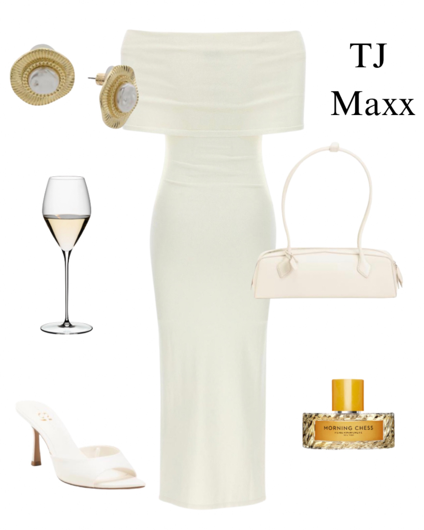 White off the shoulder dress, TJ Maxx, sale, designer, purse, white, mules, heels, morning, chest, perfume, golden, white, round, earrings, gold, date, night, bride, special occasion.

#LTKootd #LTKSaleAlert