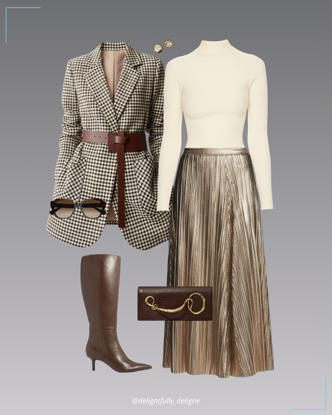 Thanksgiving comfy shimmer 🤎  Split blazer with belt, metallic pleated midi skirt, mock neck sweater, pointed-toe knee-high boots, twisted gold side-handle clutch, gold stud earrings & sunglasses. 

 #LTKOver40 #LTKStyleTip #LTKWorkwear