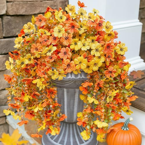 HyeFlora Artificial Flowers for Fall Outdoors Decoration, 2Pcs Fake Fall Light Orange & Yellow Hanging Flowers, Faux Autumn Decor for Porch Patio Balcony Planter, Realistic Arrangement | Amazon (US)