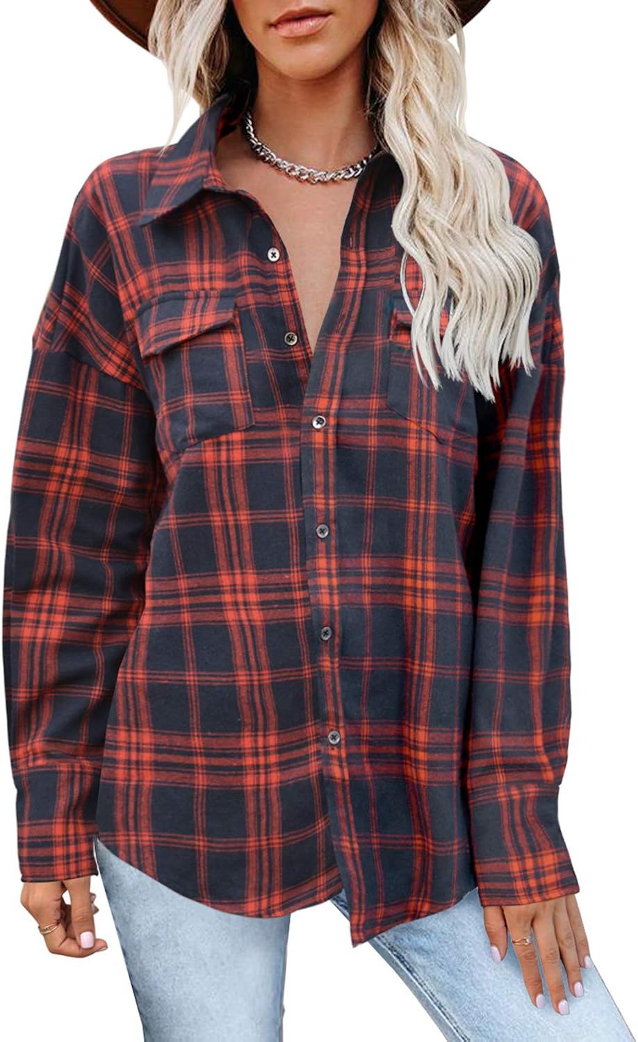 MIHOLL Women's Loose Fit Long Sleeve Button Down Collared Plaid Flannel Shirts | Amazon (US)
