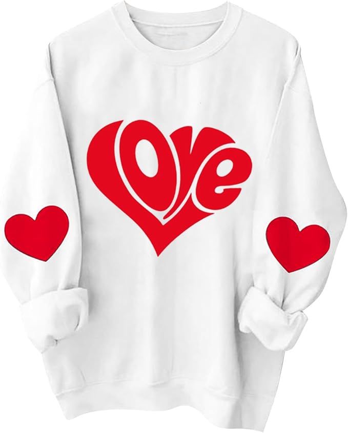 Valentines Day Sweater Womens Cute Love Heart Graphic Tees Loose Fit Long Sleeve Crewneck Pullove... | Amazon (US)
