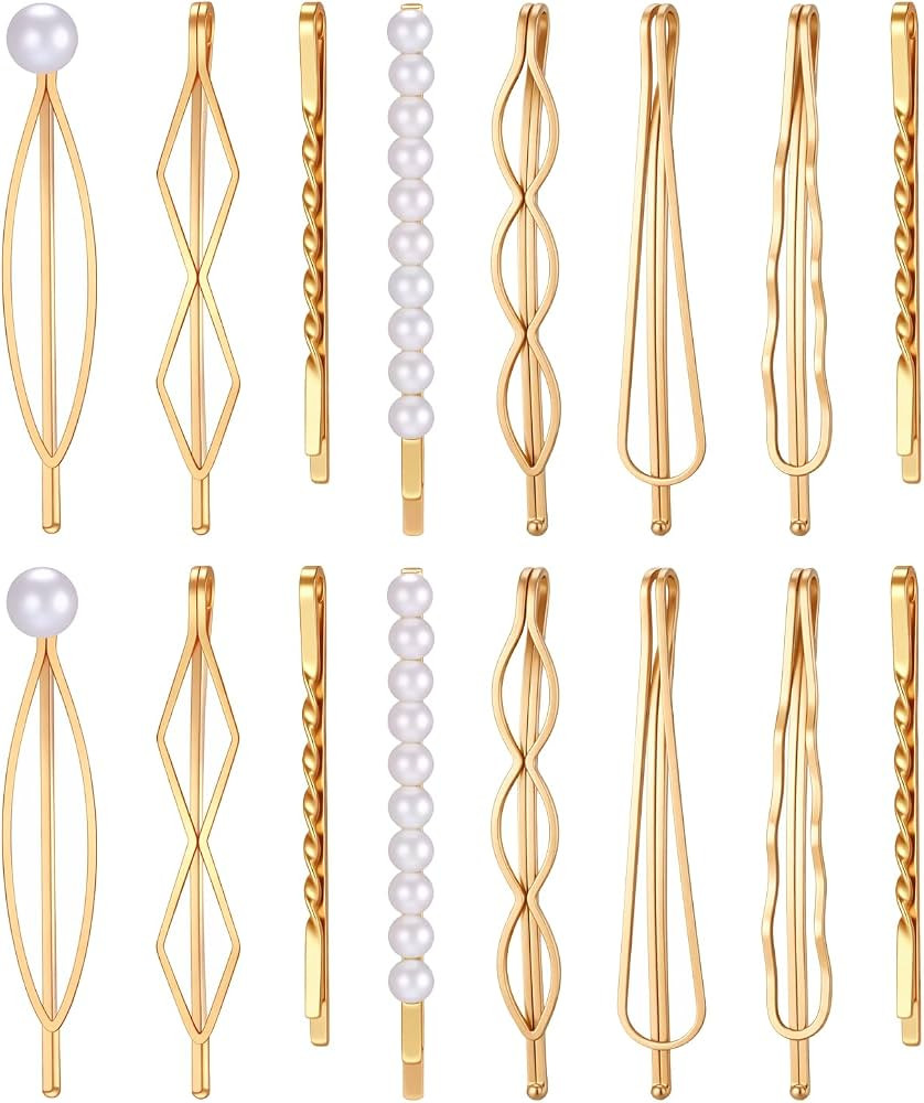 16Pcs Pearl Gold Hair Pins, Geometric Decorative Hair Pins Clips Barrette for Woman Girls | Amazon (US)