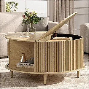 JOINICE,Round Coffee Table with Storage, 31.5" Natural Oak Fluted Center Table with Sliding Door,... | Amazon (US)
