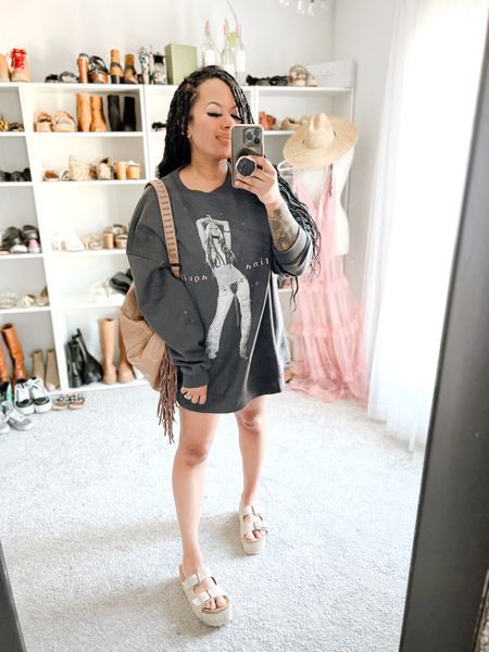 Christina Aguilera sweatshirt 🎤✨ with platform sandals, I love these sandals, the vintage boho vibesss 🩶 they come in lots of colors too✨ 

#LTKstyletip #LTKSeasonal #LTKshoecrush
