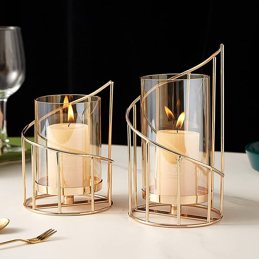MrMrKura Metal Wire Candle Holder Set of 2, Glass Pillar Candle Holders Gold Decorative Tea Light... | Amazon (US)