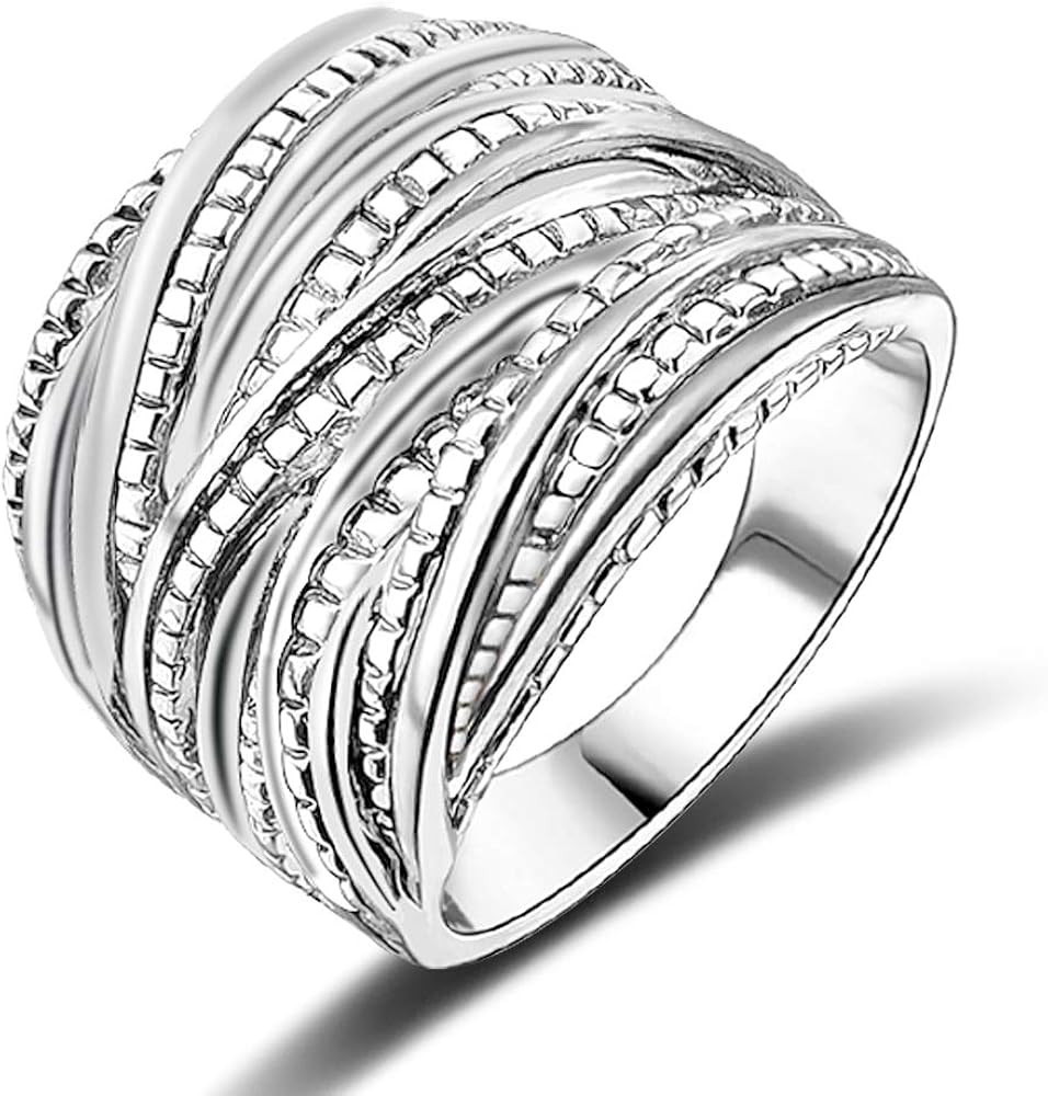2 Tone Intertwined Crossover Statement Ring Fashion Chunky Band Rings for Women Black Gold Silver... | Amazon (US)