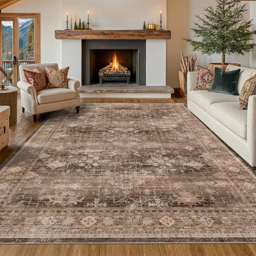 Hazo Haus Boho Taupe Brown Living Room Rug 8x10 - Modern Vintage Traditional Eclectic Oriental Neutral, Washable Low Pile Non-Slip Extra Large Area Rugs for Dining Under Table Bedroom Lounge | Amazon (US)