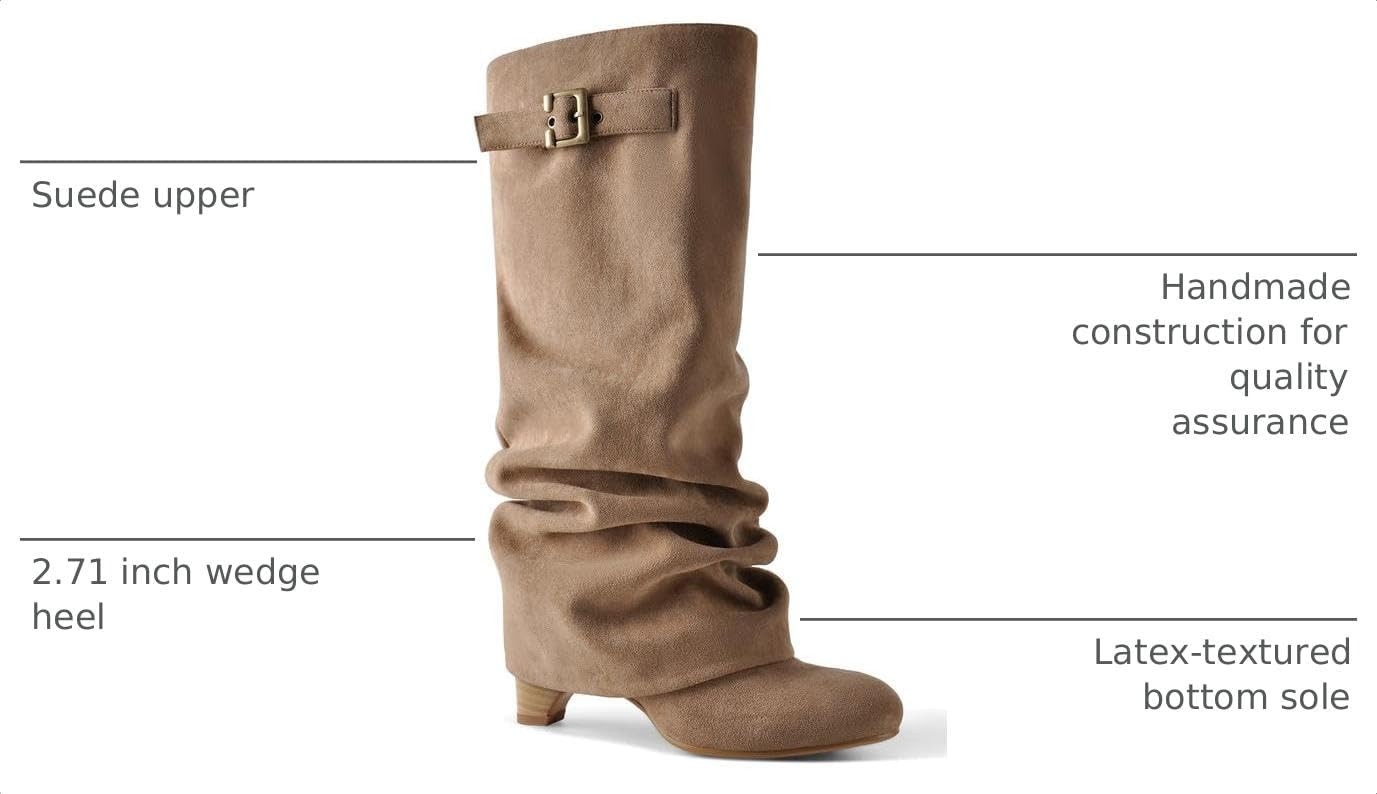 Slouchy Wedge Suede Boots Fold Over Knee High Pull On High Heels | Amazon (US)
