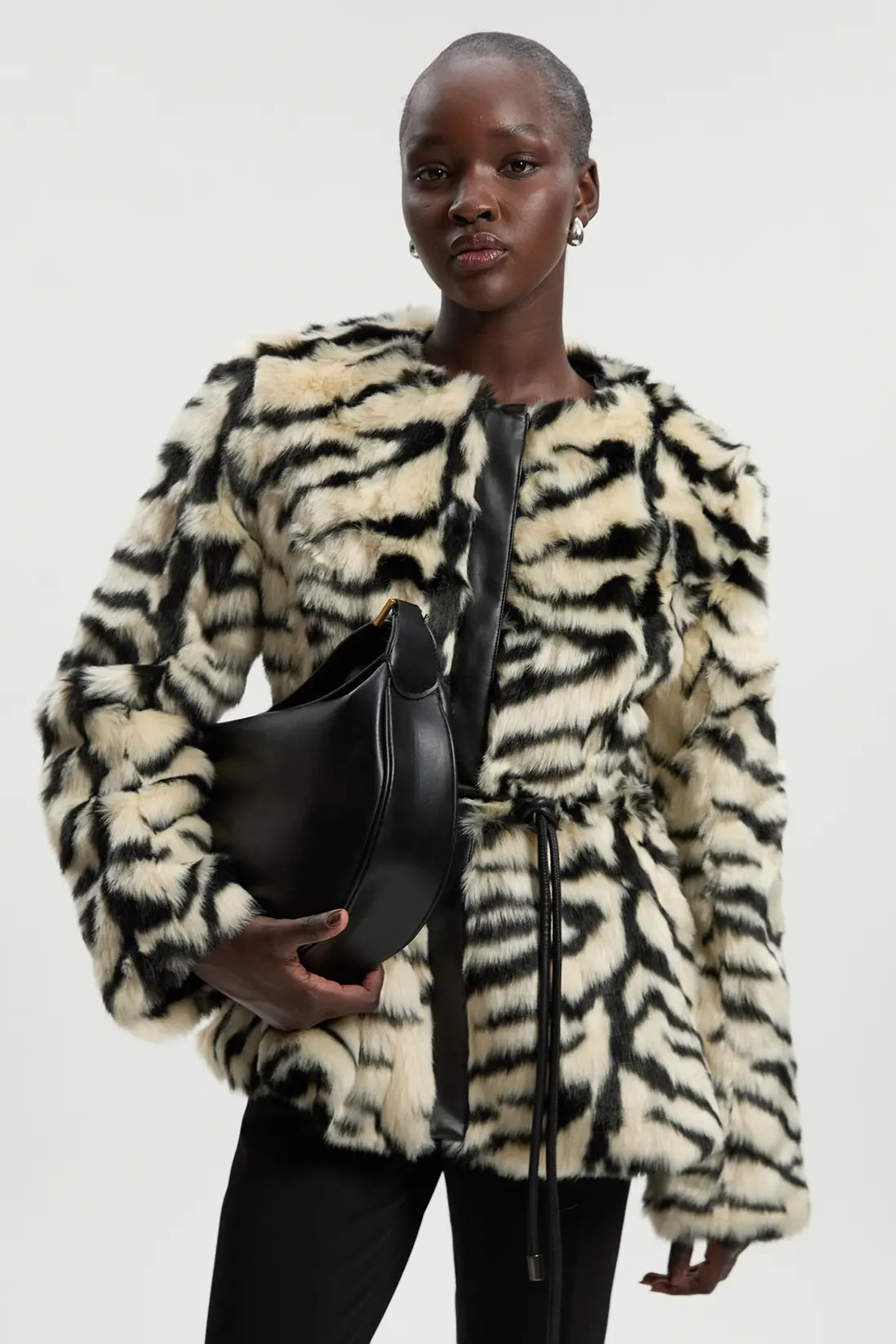Jackets & Coats | Faux Fur Zebra Collarless Coat | KarenMillen | Karen Millen US