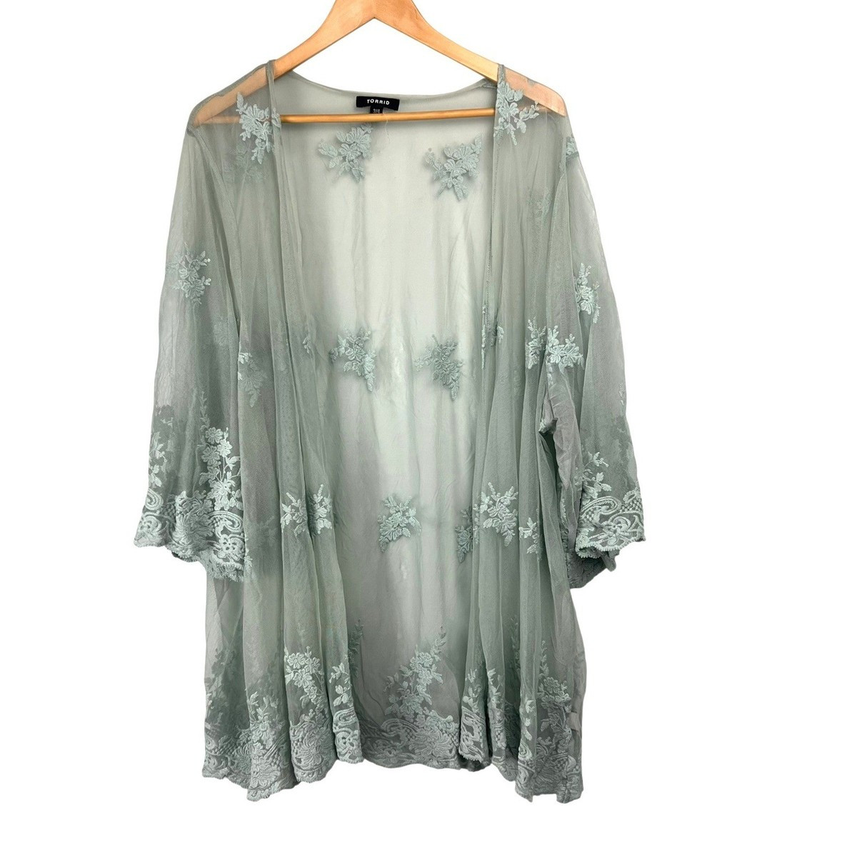 Torrid Sage Green Embroidered Mesh Kimono Cardigan Plus Size 3/4 Beach Cover Up | eBay US
