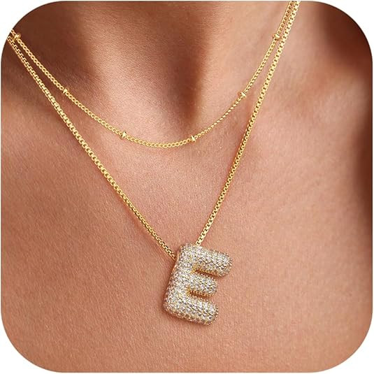 UHIBROS Bubble Letter Necklace, Gold Balloon Initial Necklaces for Women Girls, Cubic Zirconia Da... | Amazon (US)