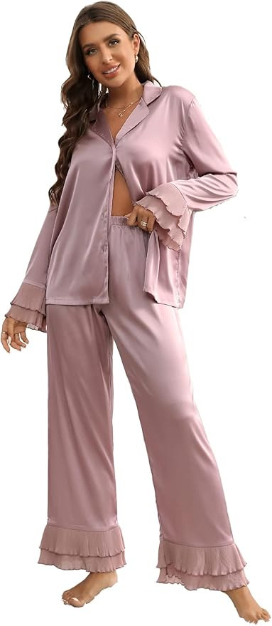 Verdusa Women's Satin Notch Collar Blouse and Ruffle Hem Pants PJ Set | Amazon (US)