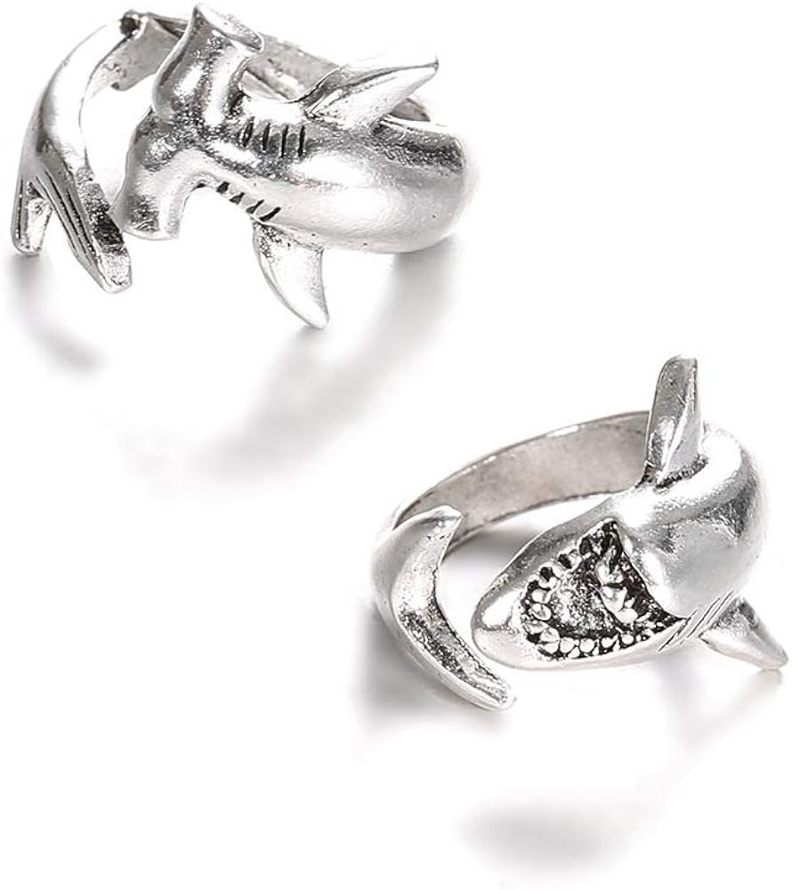 Yocoyee 2pcs White Shark and Hammerhead Shark Rings Necklace Ocean Animal Personality Jewelry for... | Amazon (US)