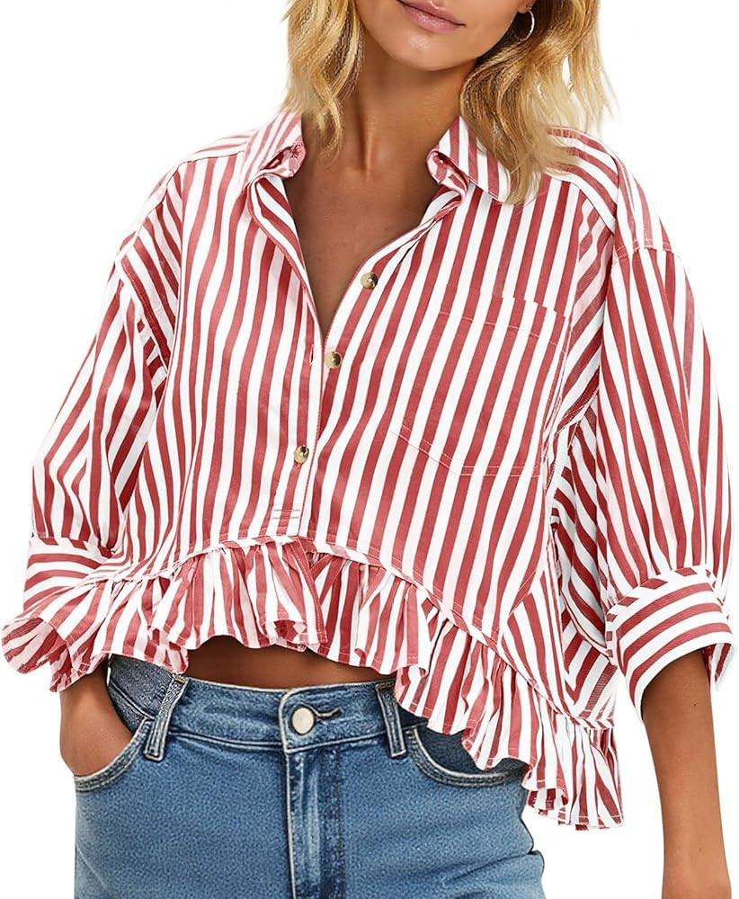 Cicy Bell Womens Cropped Striped Button Down Shirts Ruffle 3/4 Length Sleeve Summer Tops Dressy C... | Amazon (US)