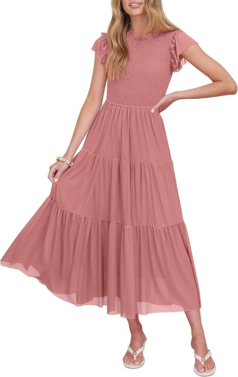 Caracilia Womens Summer Casual Tulle Midi Dresses Ruffle Sleeve Crew Neck Smocked Mesh 2026 Flowy... | Amazon (US)