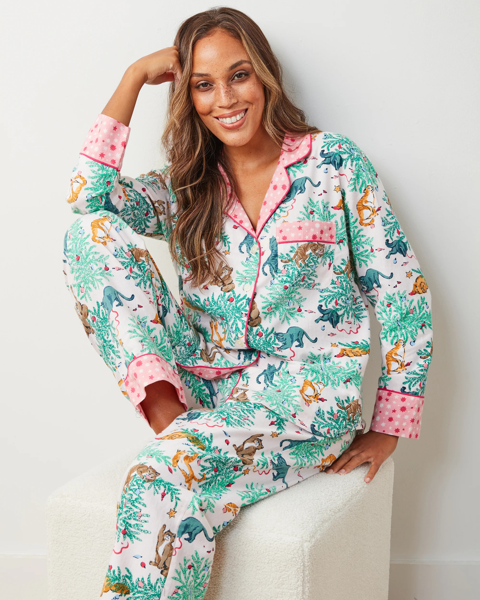 Frisky Firs - Lightweight Flannel Long PJ Set - Sweet Cream | Printfresh