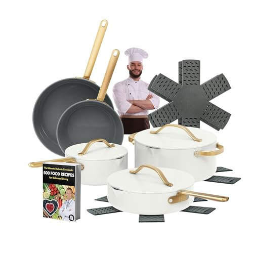 12-Piece Ceramic Non-Stick Cookware Set, Pots and Pans Set with Strainer Lids - Induction Compatible, Oven Safe to 500F, Non-Toxic PFOA PTFE Safe, Forged Aluminum, Dishwasher Safe | Amazon (US)