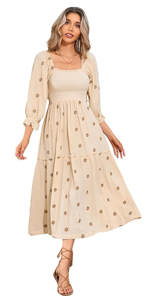R.Vivimos Women's Long Sleeve Cotton Boho Midi Dress Vintage Square Neck Floral Embroidered Tiere... | Amazon (US)