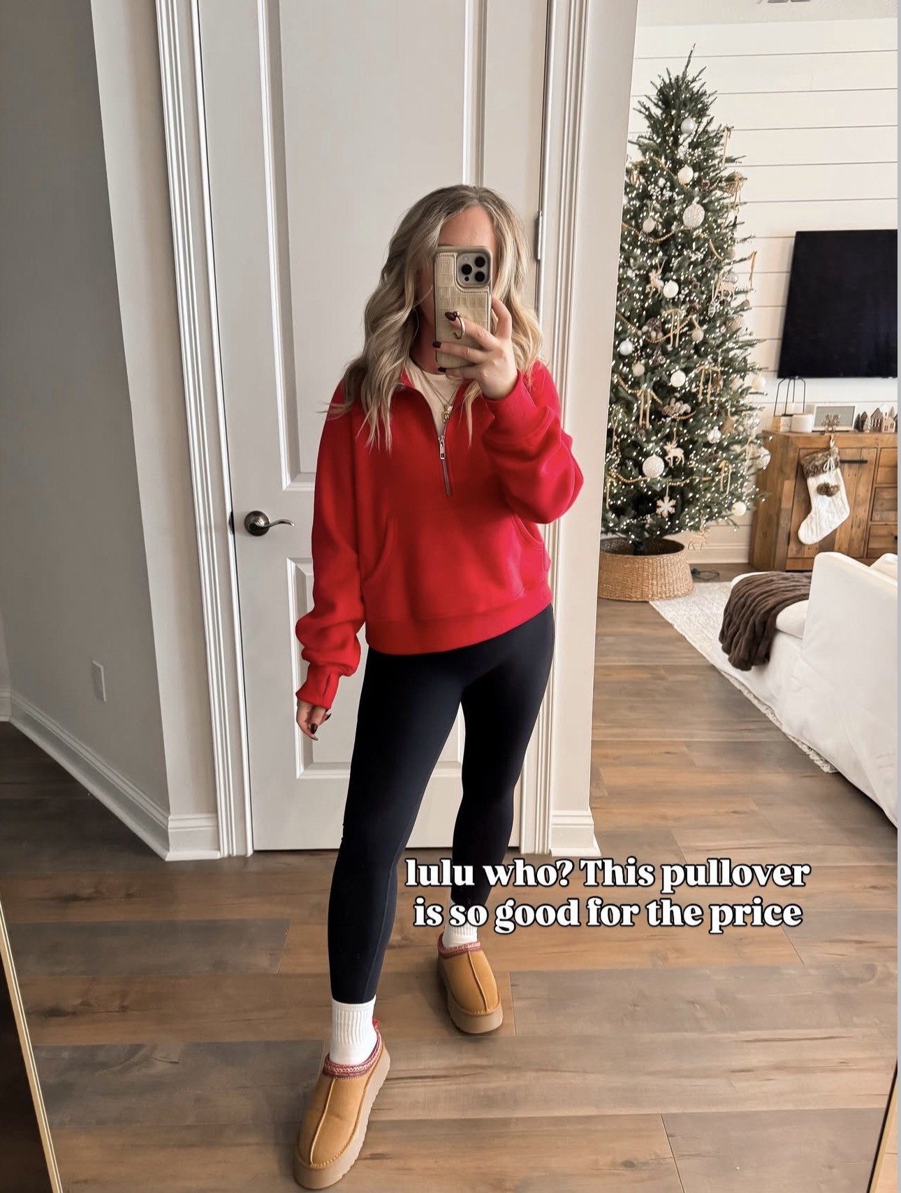 Comfortable holiday style! Athleisure pullover look for less, leggings style, comfy look, Christmas outfit, red, sherpa slippers, affordable Amazon fashion finds.  

 #LTKHoliday #LTKootd #LTKFindsUnder50