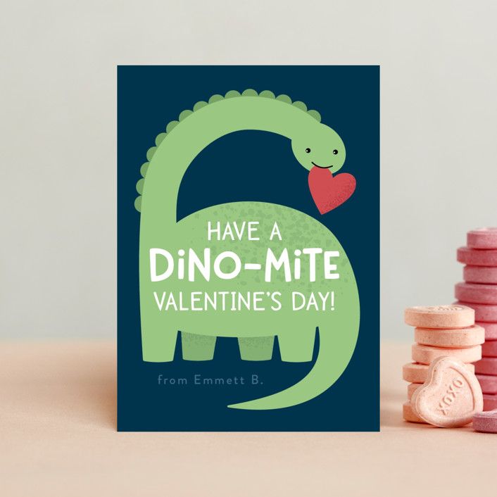 "Arched Dinosaur" - Customizable Classroom Valentine's Cards in Green by Kacey Kendrick Wagner. | Minted