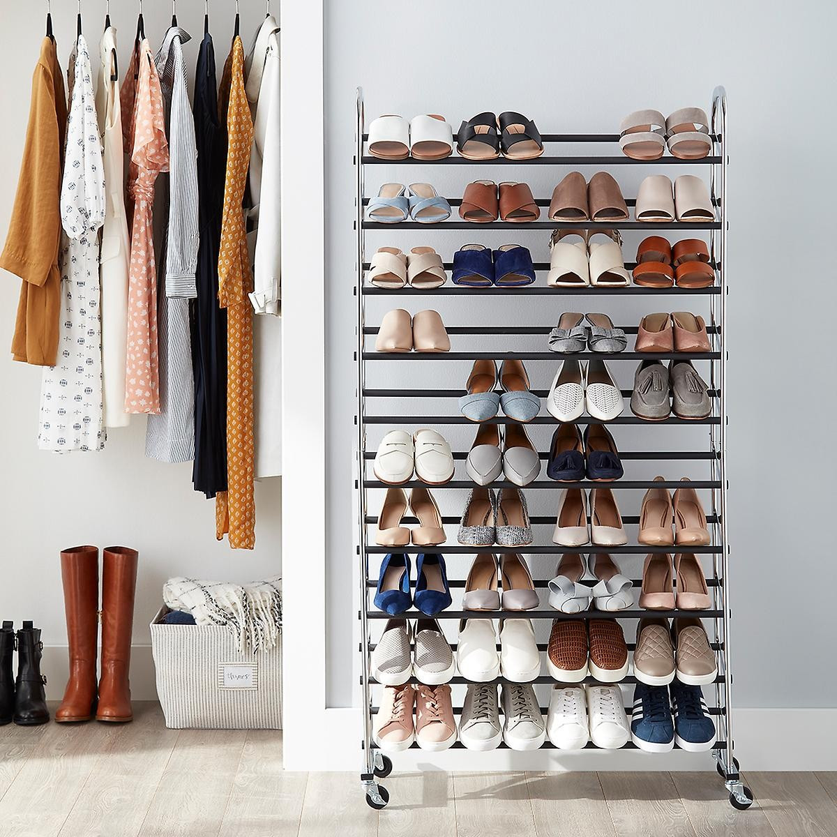 Chrome Metal 10-Tier Rolling Shoe Rack | The Container Store