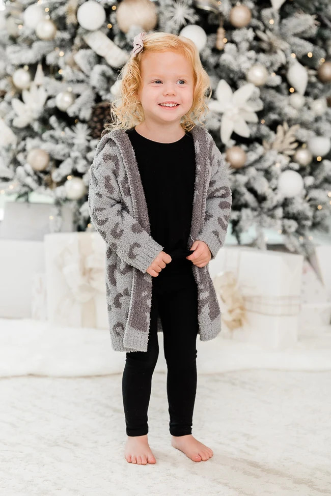 Kid's Thinking Of Forever Grey Leopard Print Hooded Fuzzy Cardigan DOORBUSTER | Pink Lily