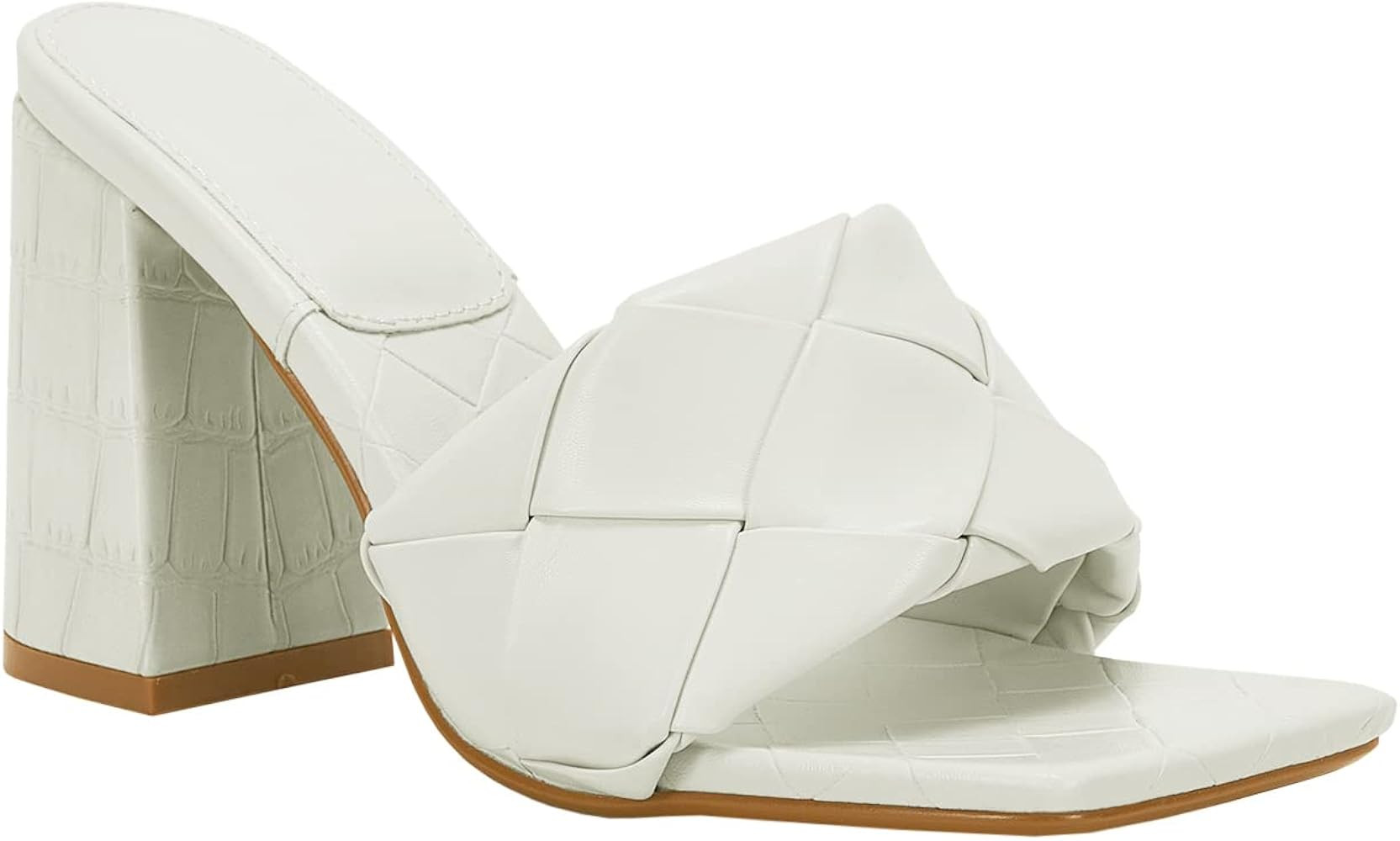 Women's Square Open Toe Heeled Woven Leather Mule Sandals Stiletto Slip On Quilted High Heel Shoes | Amazon (US)