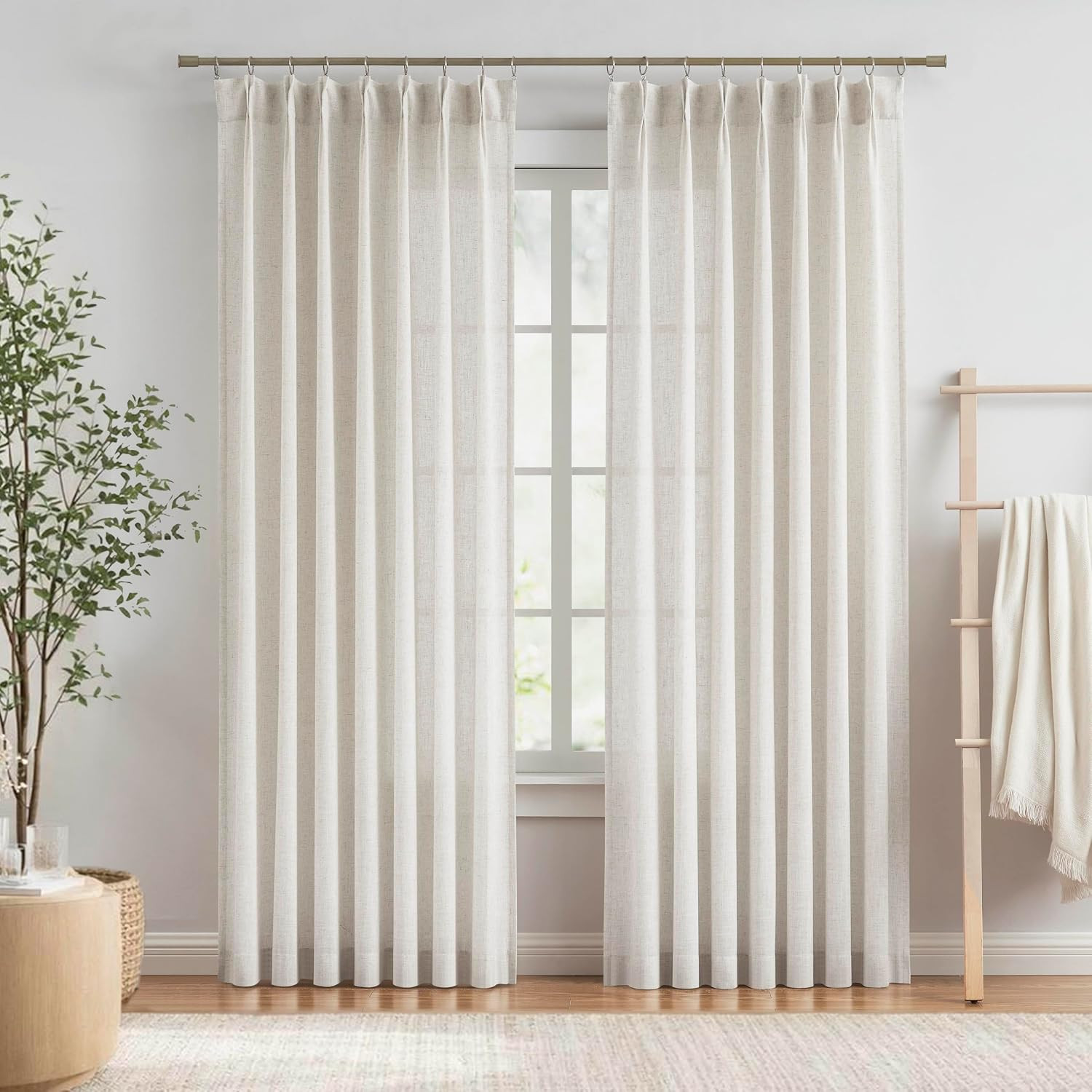 Vision Home Natural Linen Pinch Pleated Semi Sheer Curtains 42Wx95Lx2 | Amazon (US)