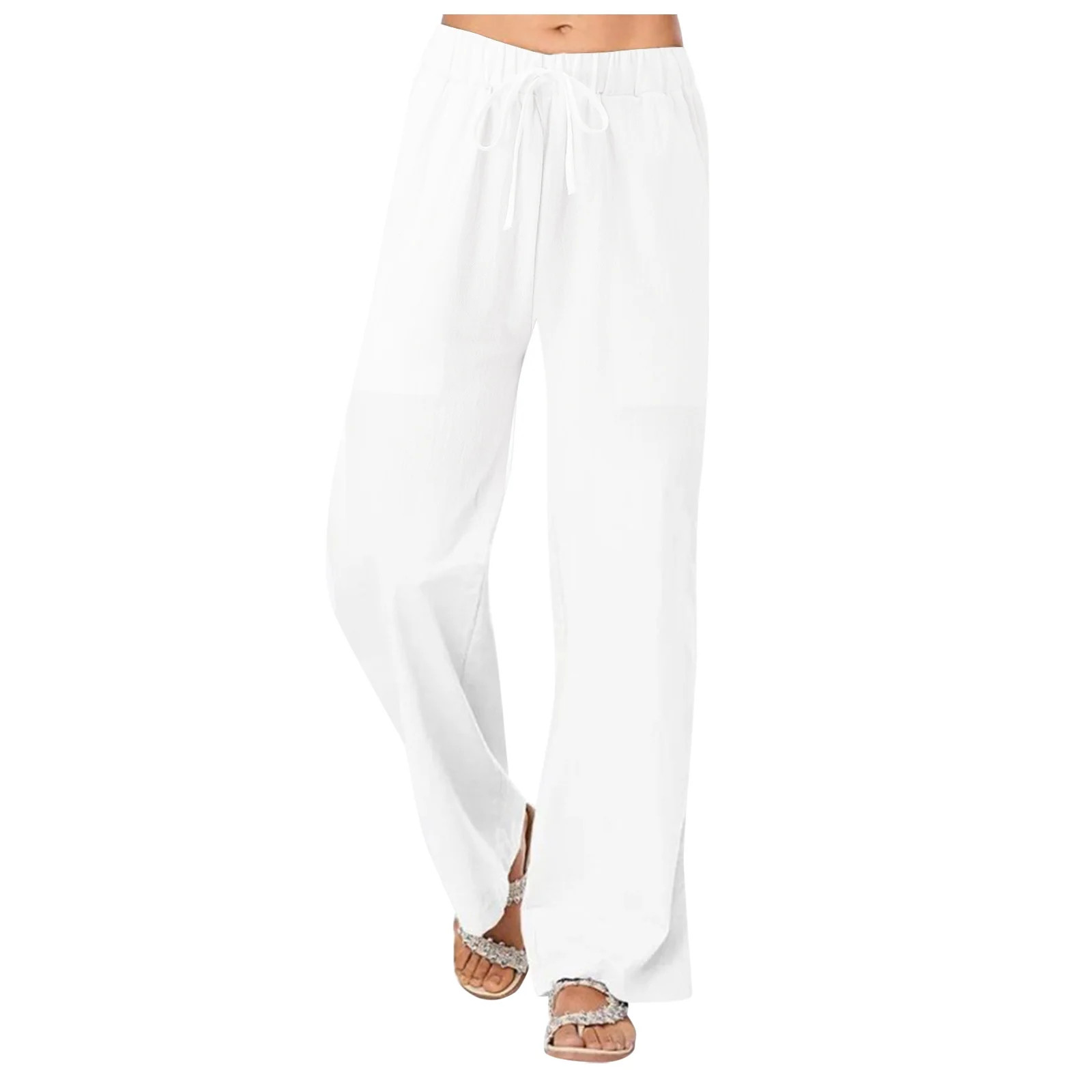 KDFJPTH Women Pants Trendy Pocket Wide Loose Solid Linen Leg Bage Linen Petite Trousers | Walmart (US)