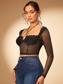 SHEIN BAE Crisscross Tie Back Glitter Top SKU: sw2211107122862262(12 Reviews)$6.49$6.17Join for a... | SHEIN