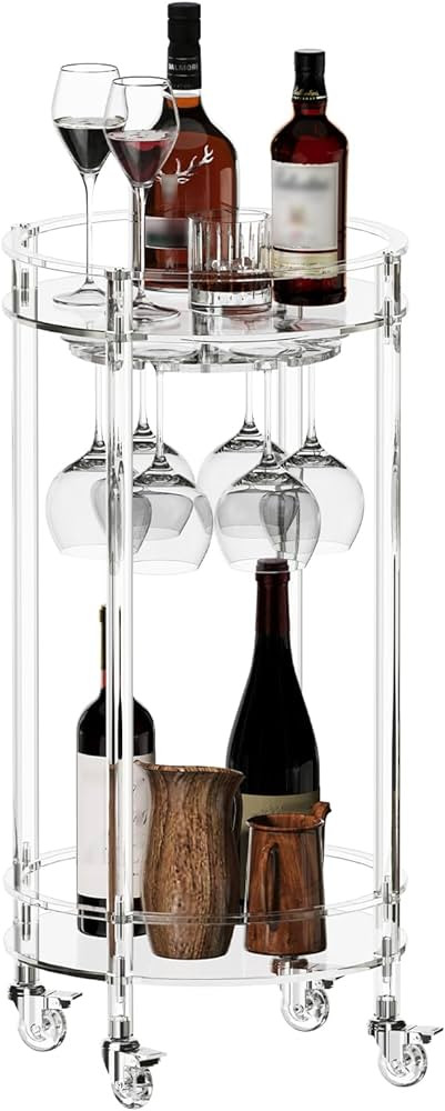 Eglaf Acrylic Bar Cart - Round Rolling Bar Cart - 2 Tiers Home Bar Serving Cart with Lockable Whe... | Amazon (US)