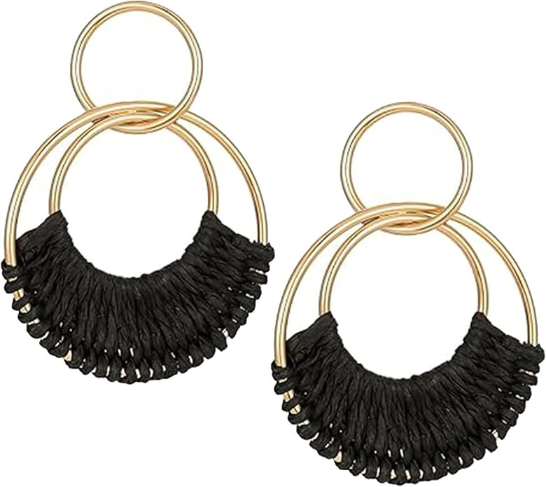 Rattan Weave Earrings Boho Summer Raffia Hoop Dangle Earrings for Women Bohemian Raffia Braid Str... | Amazon (US)
