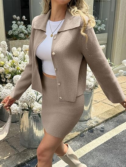 Saodimallsu Womens 2 Piece Sweater Skirt Sets Long Sleeve Collared Button Cardigan Knit Mini Skir... | Amazon (US)