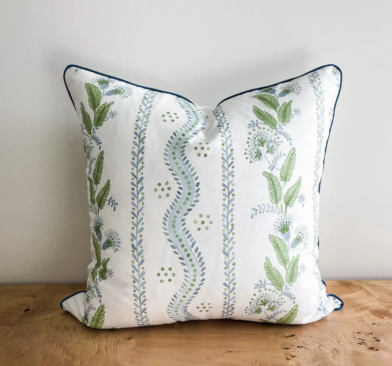 Danika Herrick Floral Vines Ticking Blue Green and White - Etsy | Etsy (US)