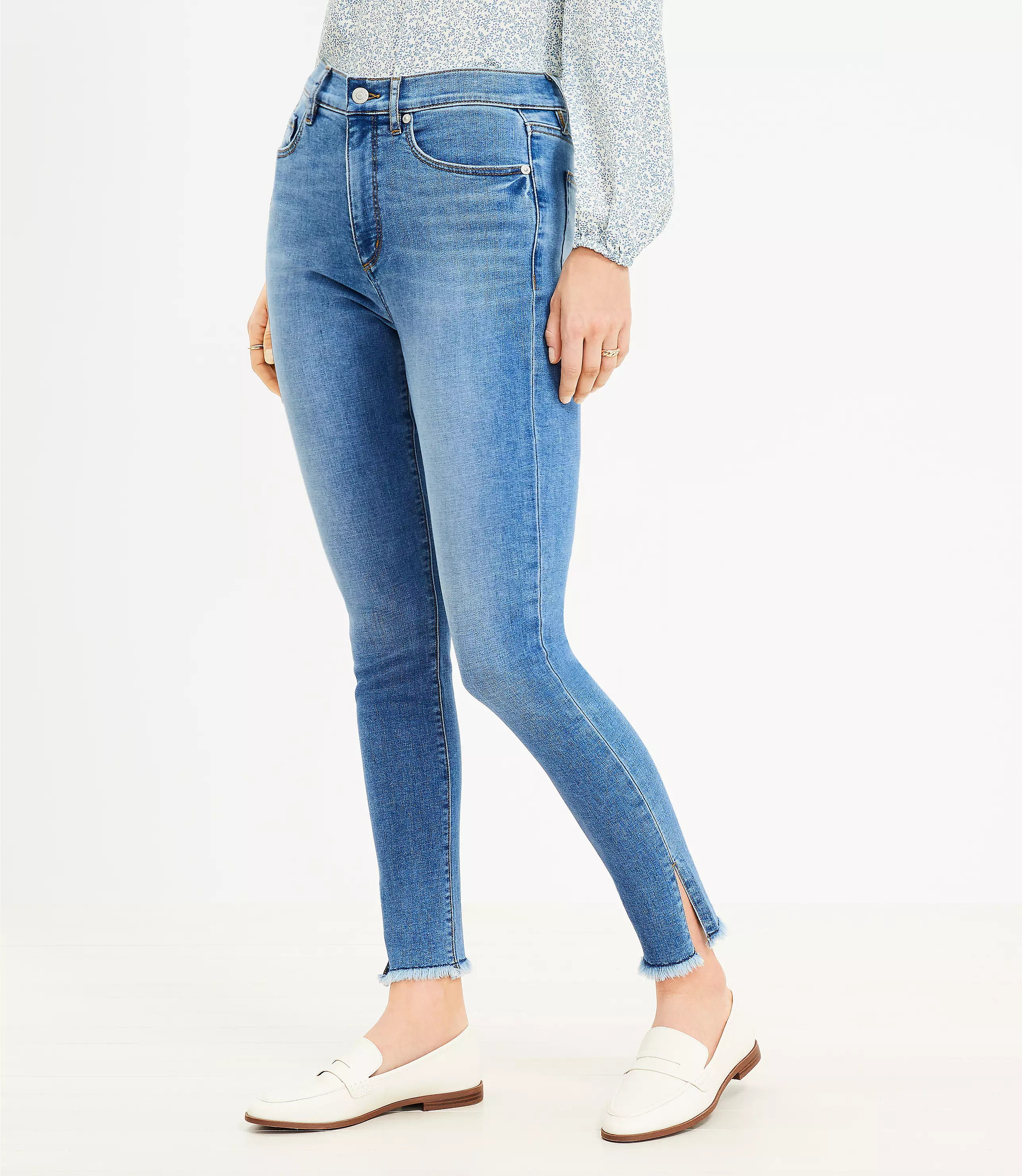 Petite Curvy Side Slit Frayed High Rise Skinny Jeans in Indigo Wash | LOFT