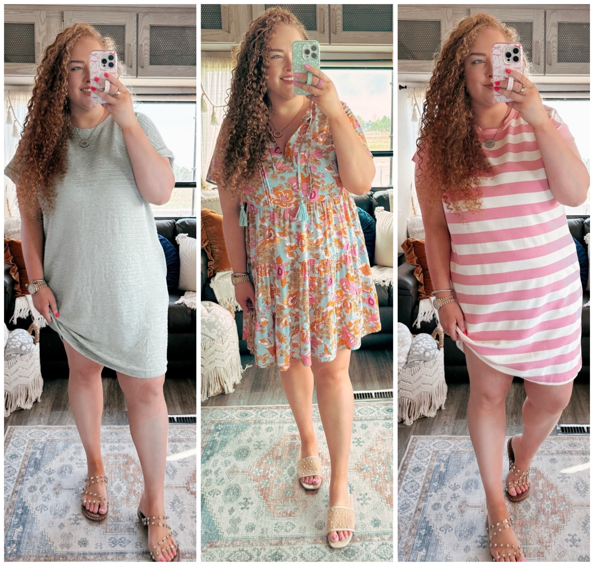 Amazon summer staples 🌸☀️ obsessed with these lightweight + comfy dresses for all the sunny days ahead 🌼 easy to throw on & go👏 Andddddd yes, I kept all 3 😍 dress | amazon dress | amazon pink striped dress | T-shirt dress | amazon pink striped tshirt dress | amazon pink tshirt dress | sandals | amazon sandals | amazon summer sandals | summer sandals  | amazon finds | amazon summer outfit | amazon summer look  | amazon summer outfit | amazon vacation dinner outfit | resort wear | summer fashion | summer outfit | amazon summer outfit | casual summer outfit | green tshirt dress | amazon green tshirt dress | dress with pockets | stretchy dress | floral dress | amazon floral dress | target sandals | pearl sandals 

#LTKMidsize #LTKFindsUnder50 #LTKStyleTip