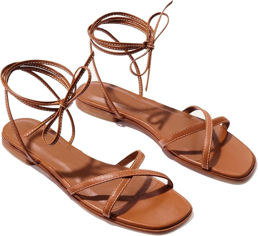 Strappy Flats Sandals for Women Summer Gladiator Lace Up Flat Sandals Open Square Toe Casual Beac... | Amazon (US)