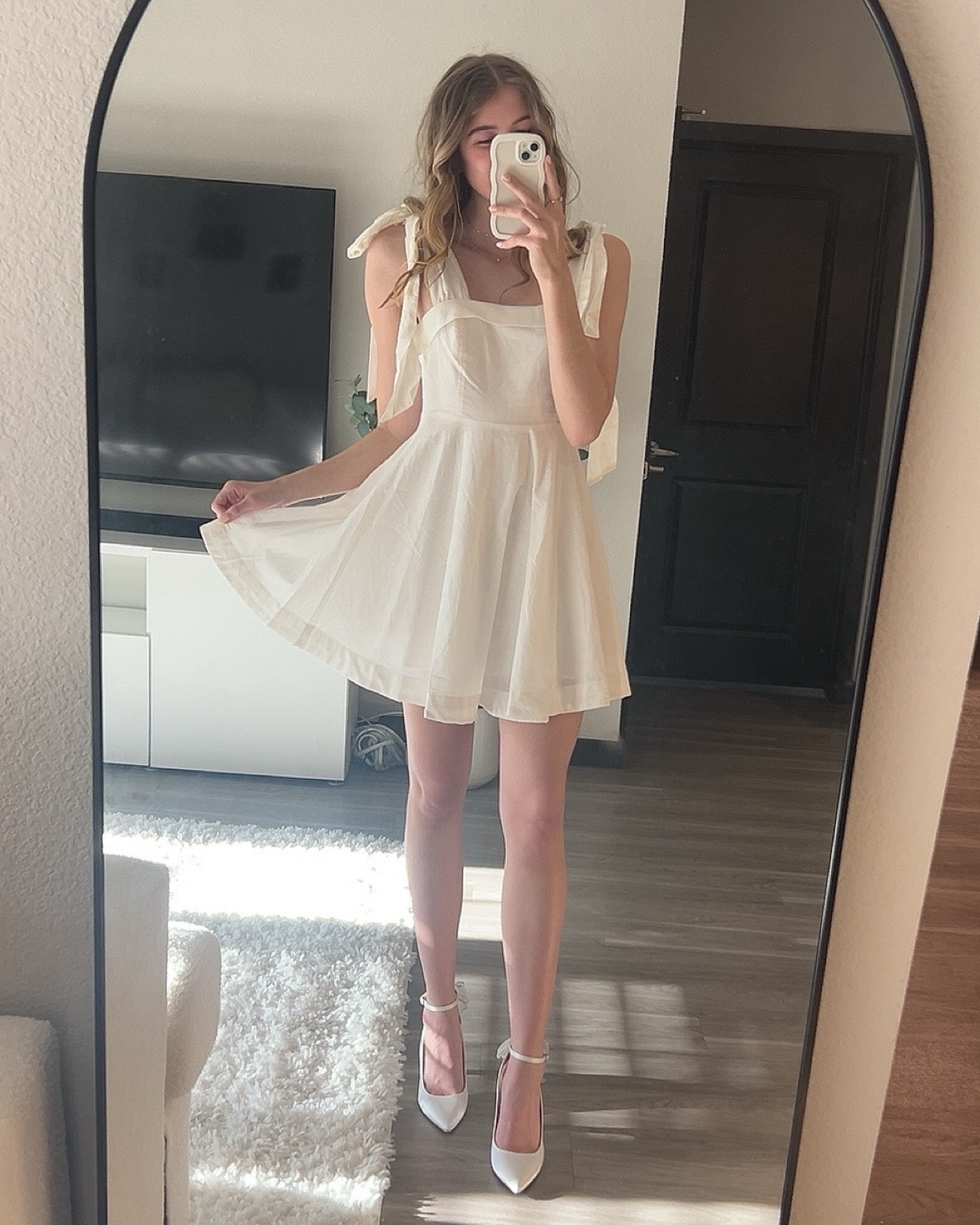 White bow dress, perfect for bridal events, engagement photos, or fun spring dress. ✨🤍

#LTKwedding #LTKSeasonal