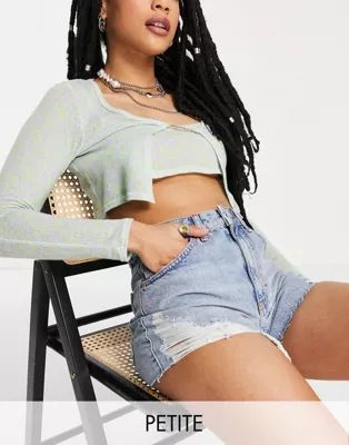 Topshop petite a line mom shorts with rip in mid blue | ASOS (Global)