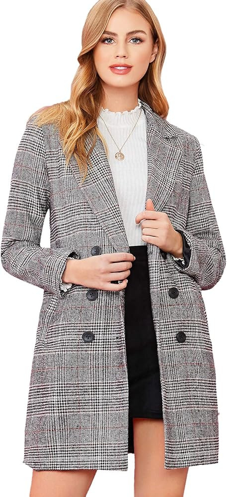 SheIn Women's Lapel Collar Coat Long Sleeve Plaid Blazer Outerwear | Amazon (US)
