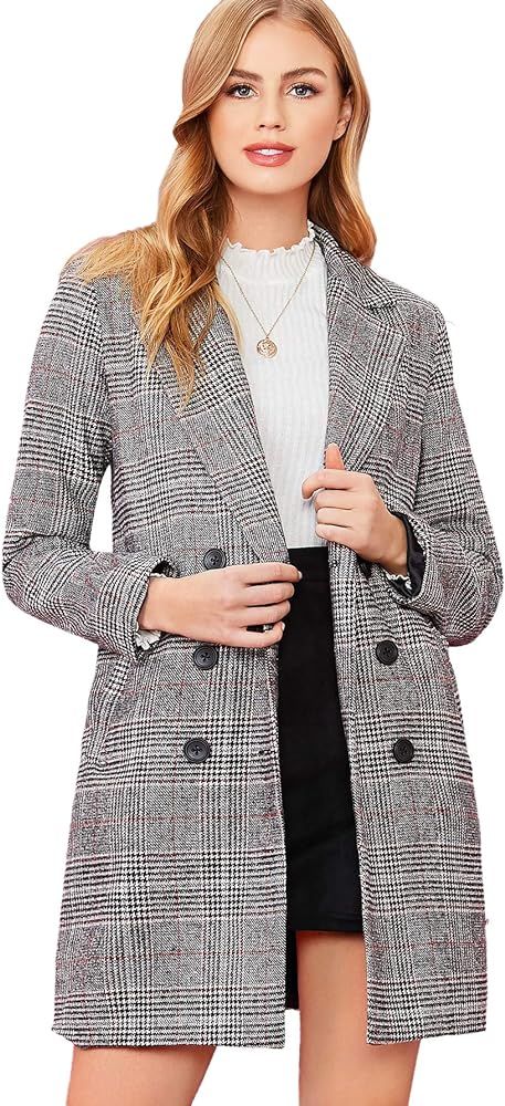 SheIn Women's Lapel Collar Coat Long Sleeve Plaid Blazer Outerwear | Amazon (US)