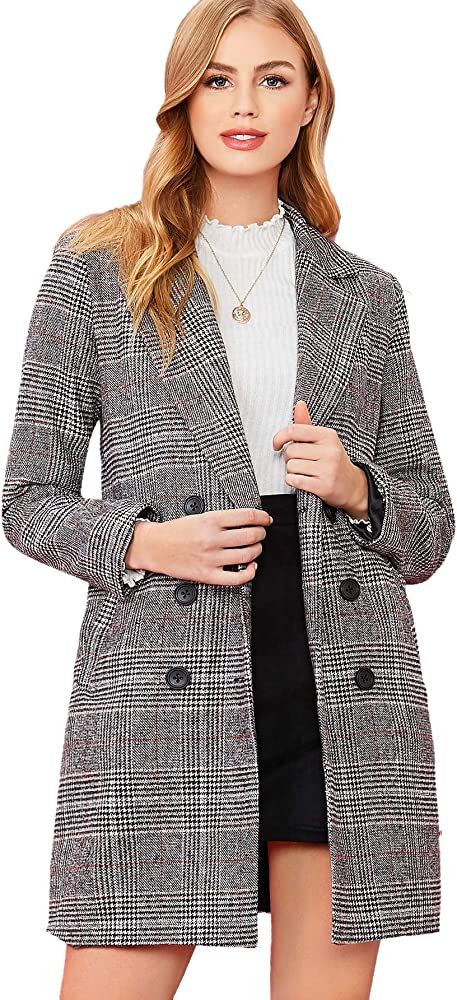 SheIn Women's Lapel Collar Coat Long Sleeve Plaid Blazer Outerwear | Amazon (US)