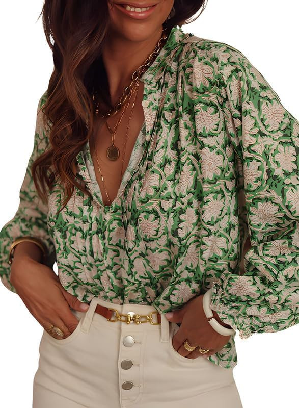 SHEWIN Women's Spring Tops Casual V Neck Long Sleeve Shirts Floral Boho Blouses | Amazon (US)