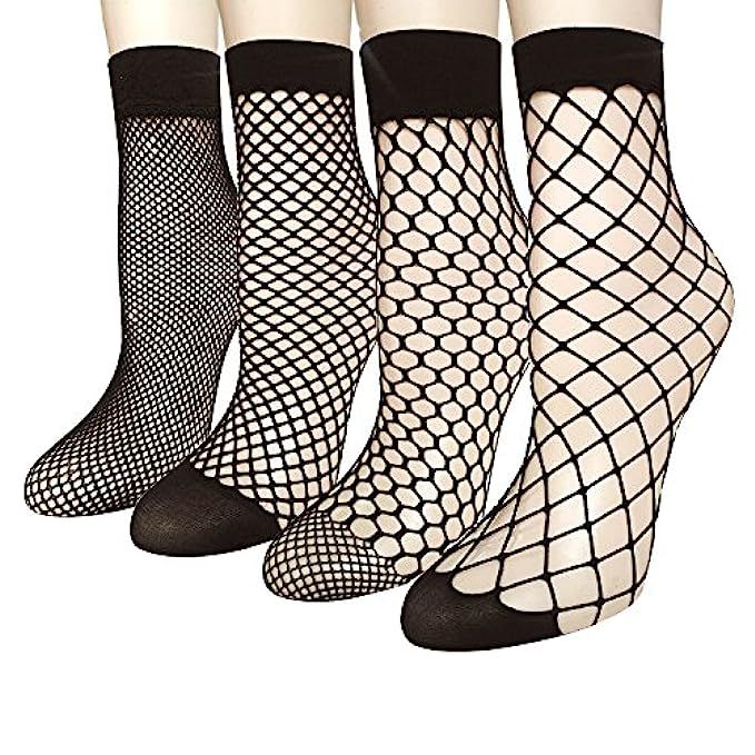 Pack of 4/5 Women's Lace Fishnet Sheer Ankle Dress Socks - Stylish Black | Amazon (US)